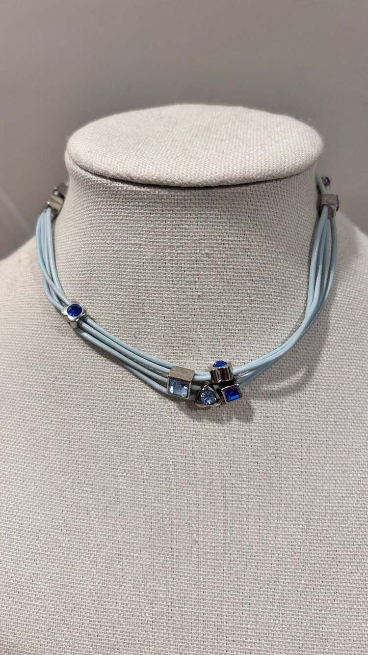 MYKA Blue Rhinestone Multi-Strand Cord Choker Necklace Silver Tone Glass